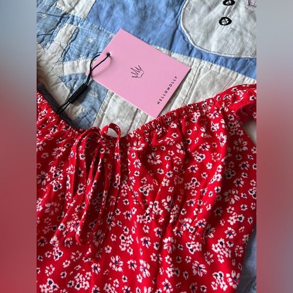 NWT Hello Molly Womens Red Floral Preppy Tie Front Ruffle Trim Mini Dress XS - Picture 3 of 7